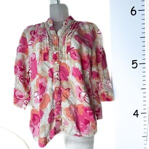 JM Collection‎ Pink Floral Linen Shirt 12P